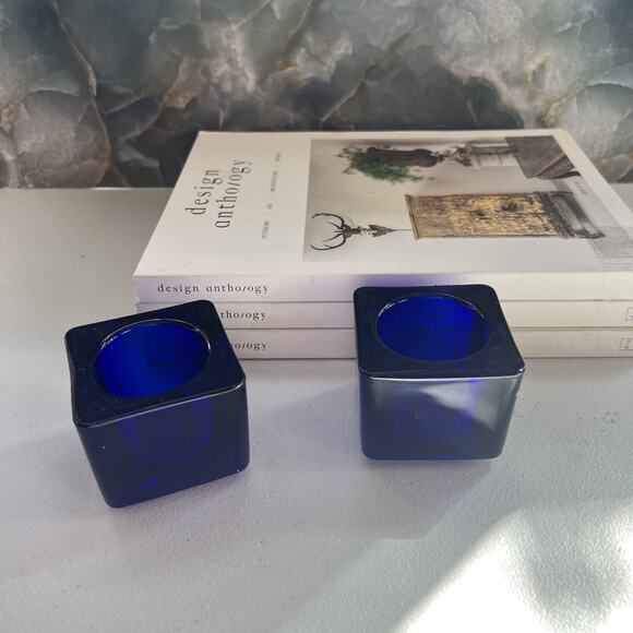 Unbranded Candlestick Holders Set of 2 Square Cube Cobalt Blue 2.5 x 2 - Picture 1 of 9